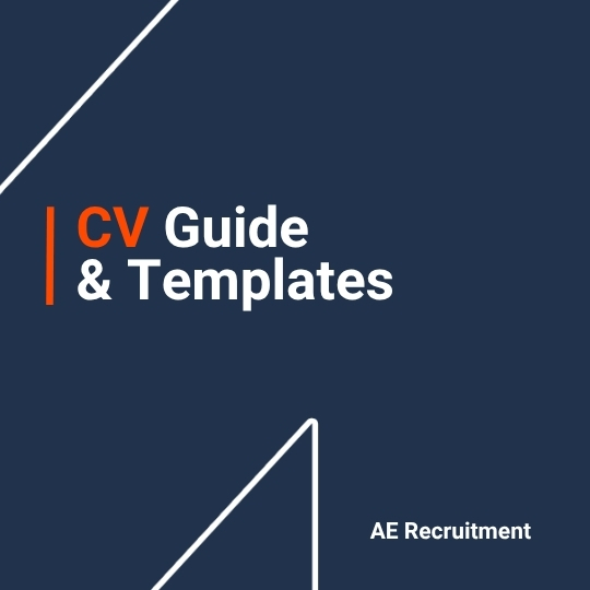 Dark blue graphic with bold white and orange text reading “CV Guide & Templates” and AE Recruitment branding.
