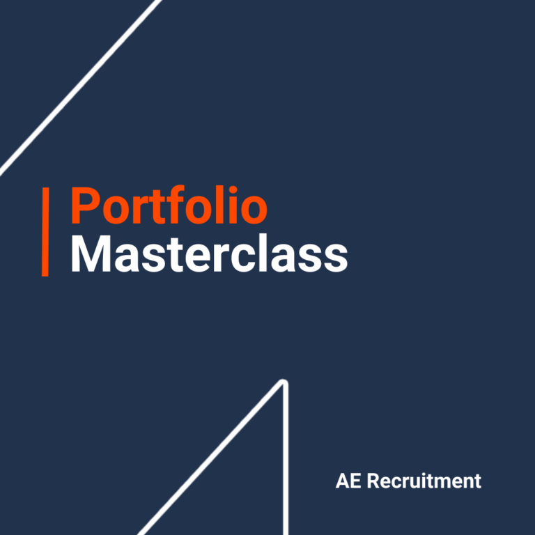 Dark blue graphic with white geometric lines and bold text reading “Portfolio Masterclass” in orange and white, with AE Recruitment branding in the corner.